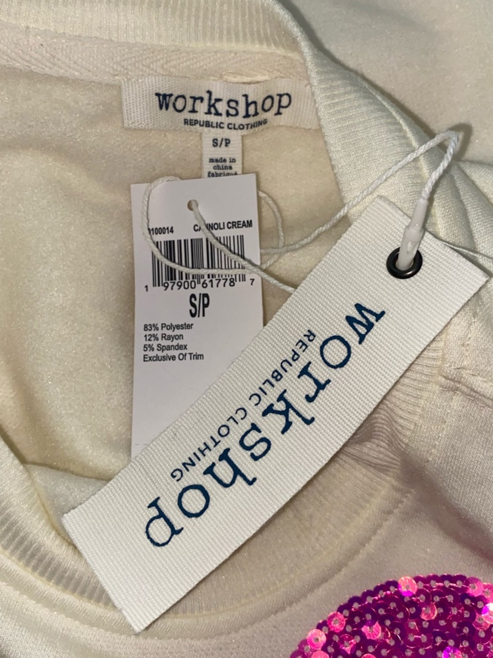WORKSHOP Women’s Cream Sequin Heart Pullover Top - Picture 3 of 3